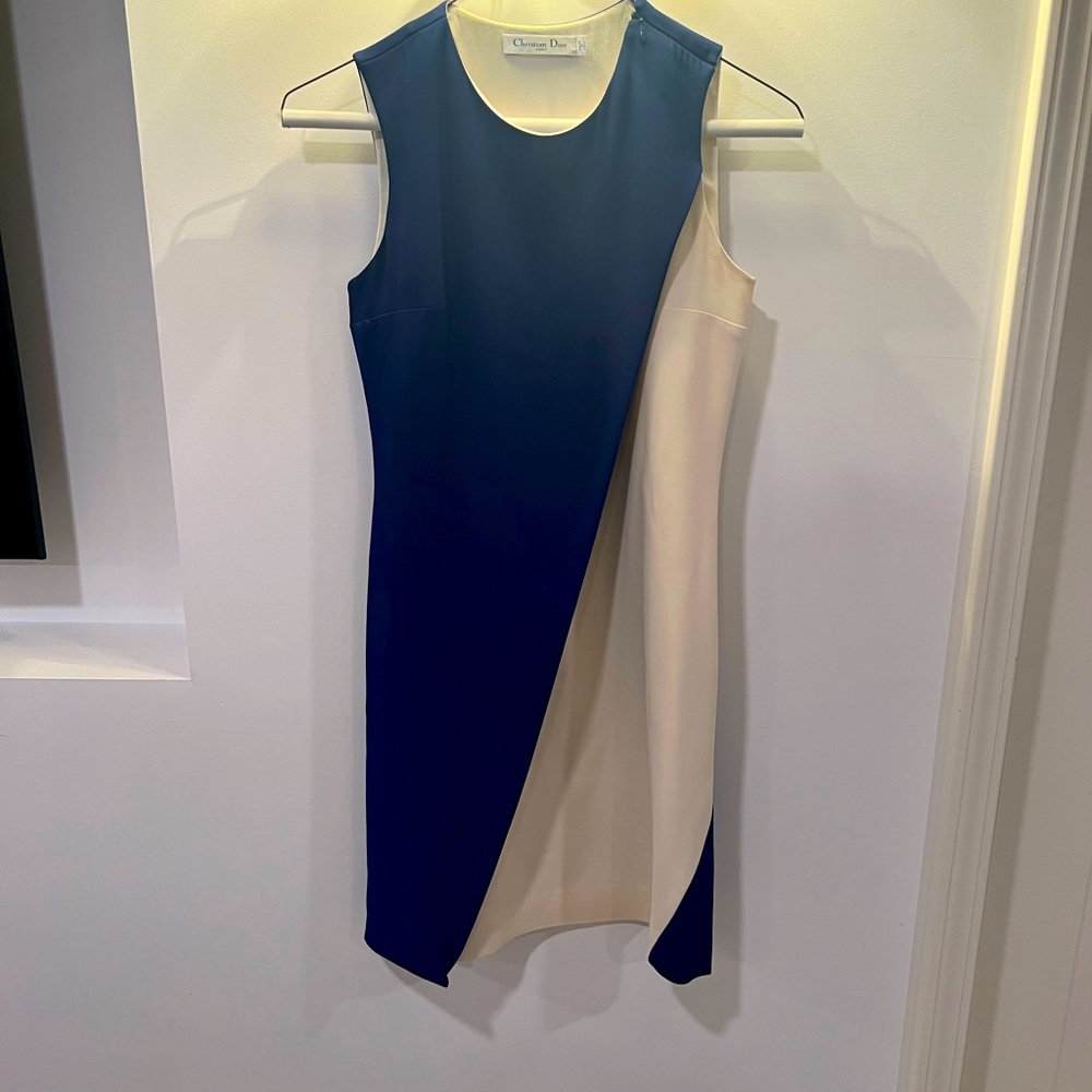 Christian Dior silk blue and cream sleeveless dress